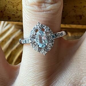 Natural Aquamarine Blue Diamond Sterling Silver Ring Size 7.75